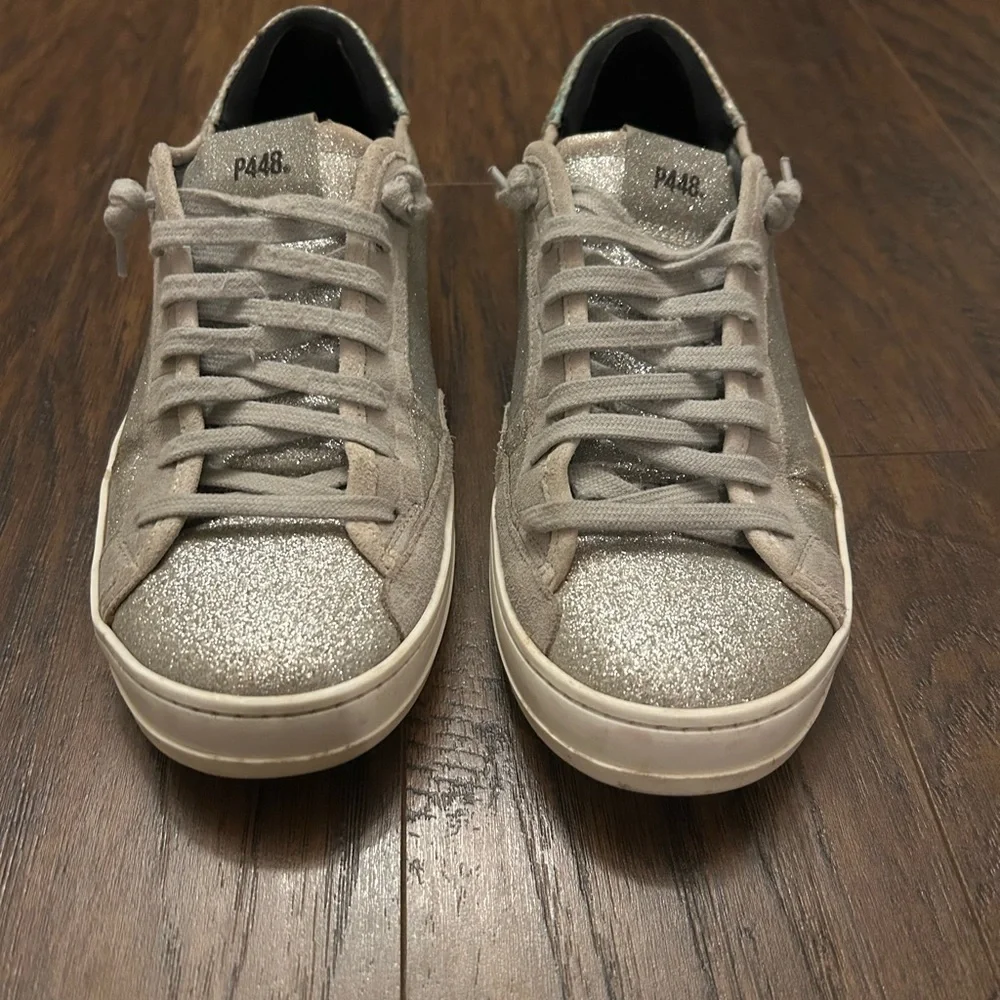 P448 John Sneakers Silver-tone Glitter Python Print Leather Trim Women’s 41/9.5 - Picture 2 of 9